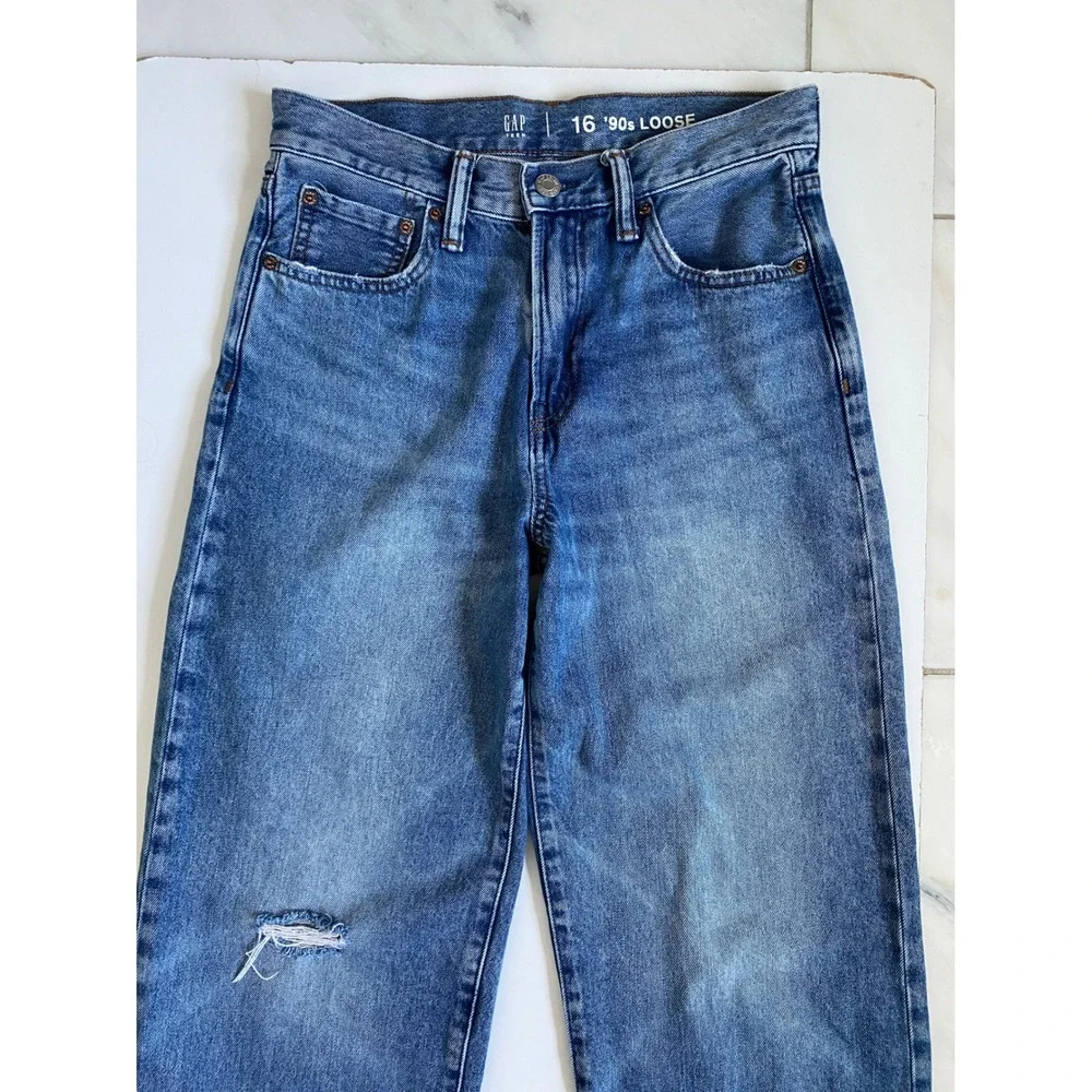 Gap Teen 90s Loose Fit Distressed Blue Jeans Size 16 Medium Destroy 824650-00